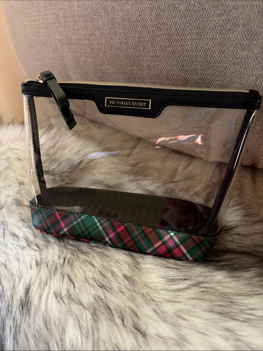 Victoria's Secret Clear Toiletry Pouch with Black Trim and Plaid Base